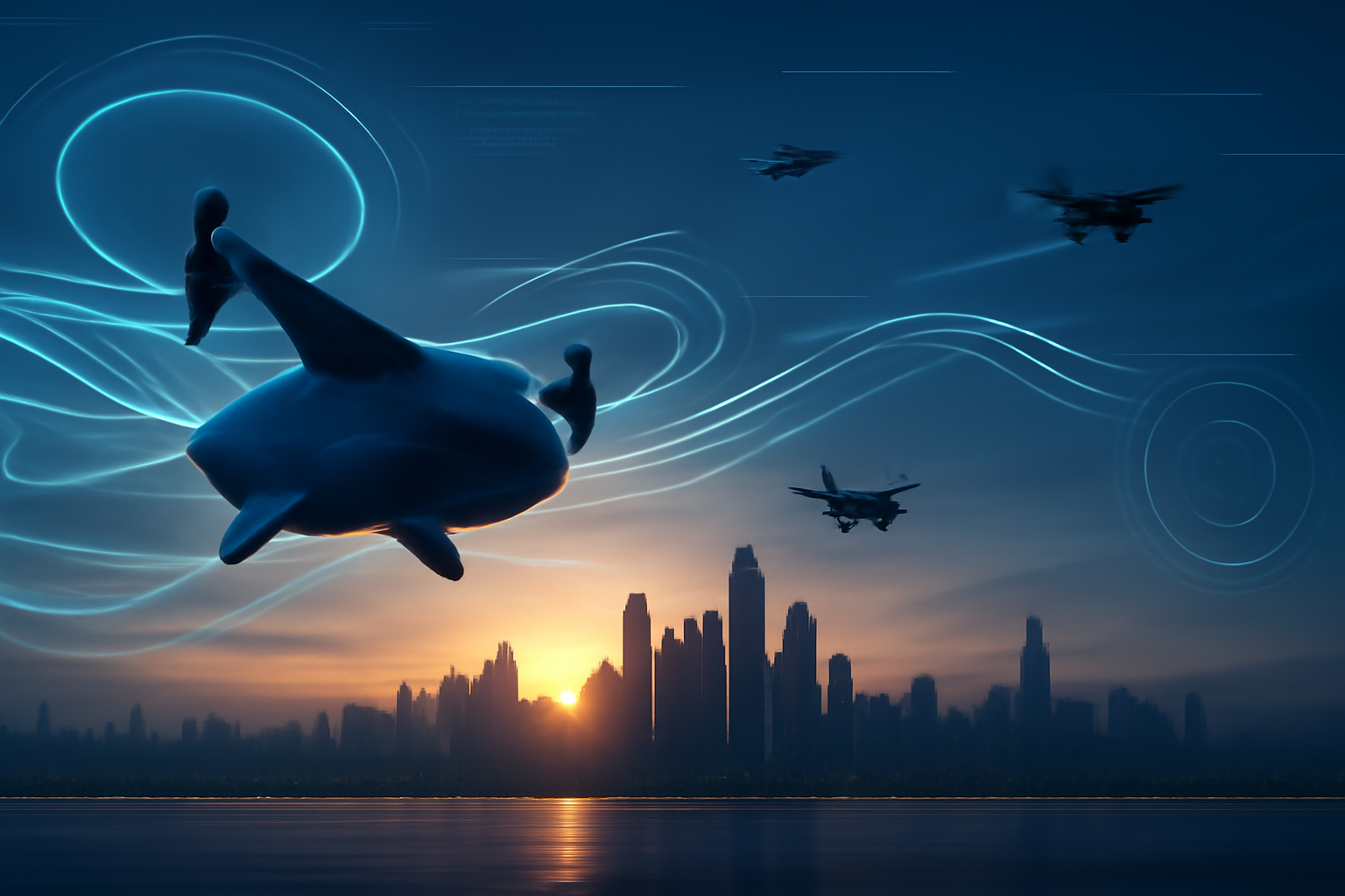 VTOL aircraft and drones soar above a shimmering skyline, leaving trails of data and innovation